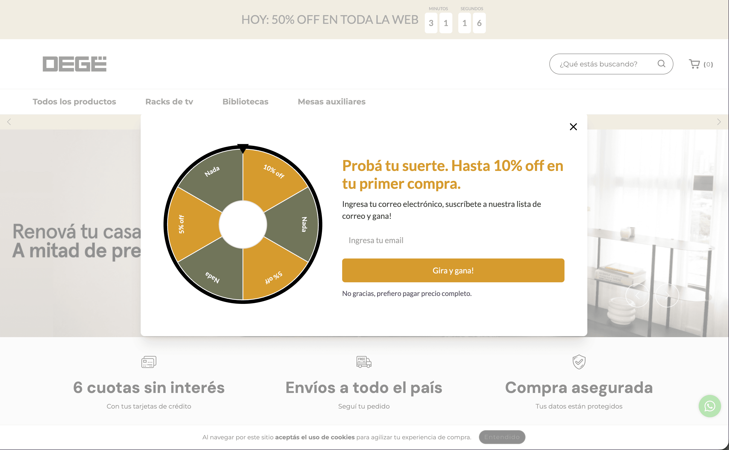 Pop up ruleta en tienda Tiendanube — desktop