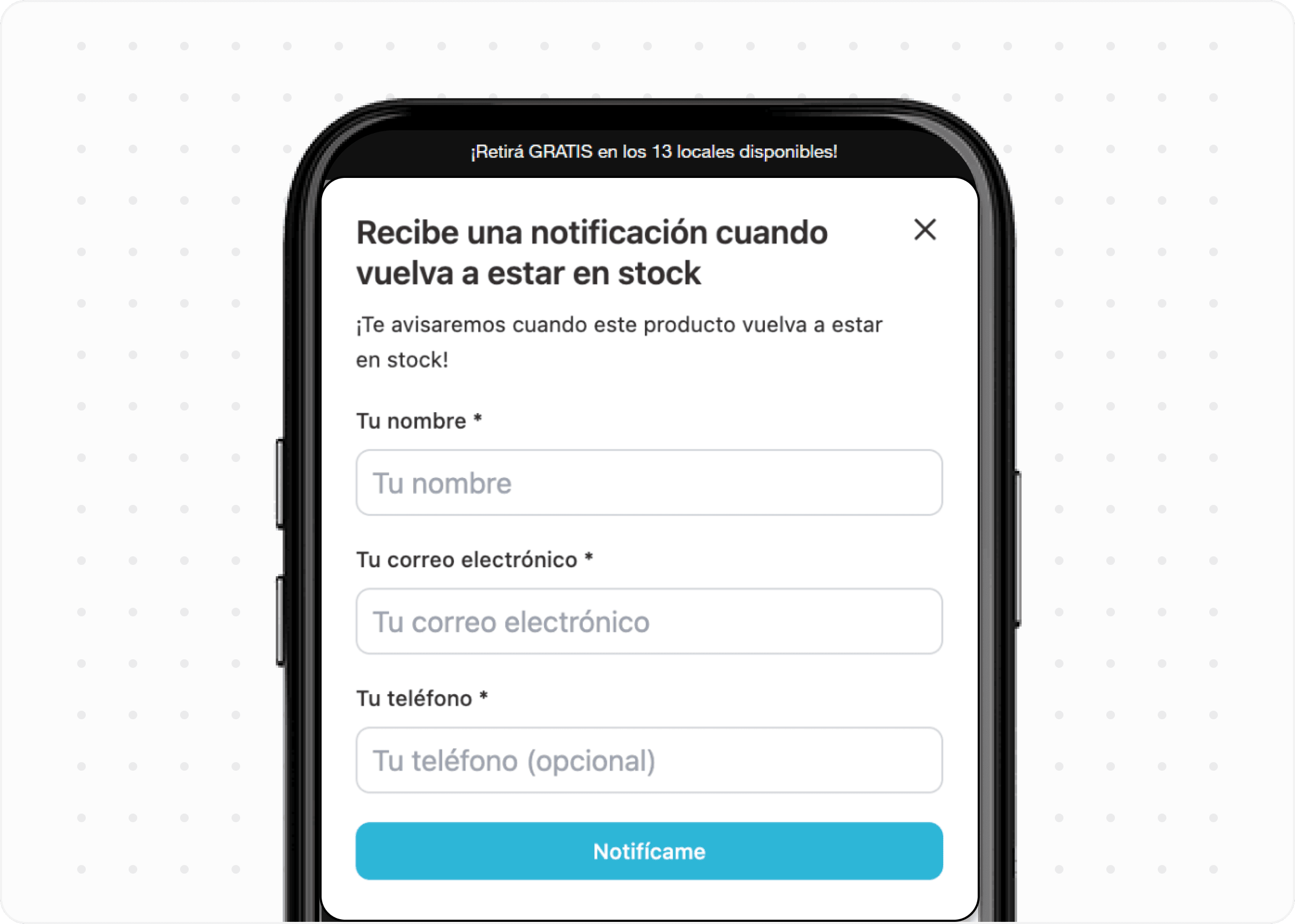 Mostre um botão quando um produto estiver fora de estoque, permita que seus clientes deixem seus dados e envie alertas automáticos via WhatsApp e e-mail quando o produto for reabastecido. Recupere vendas, fidelize clientes e mantenha sua loja sempre ativa.
